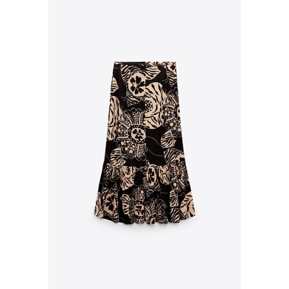 NWOT Zara linen blend botanical print brown & butter tan high waist skirt, XS - Picture 7 of 12